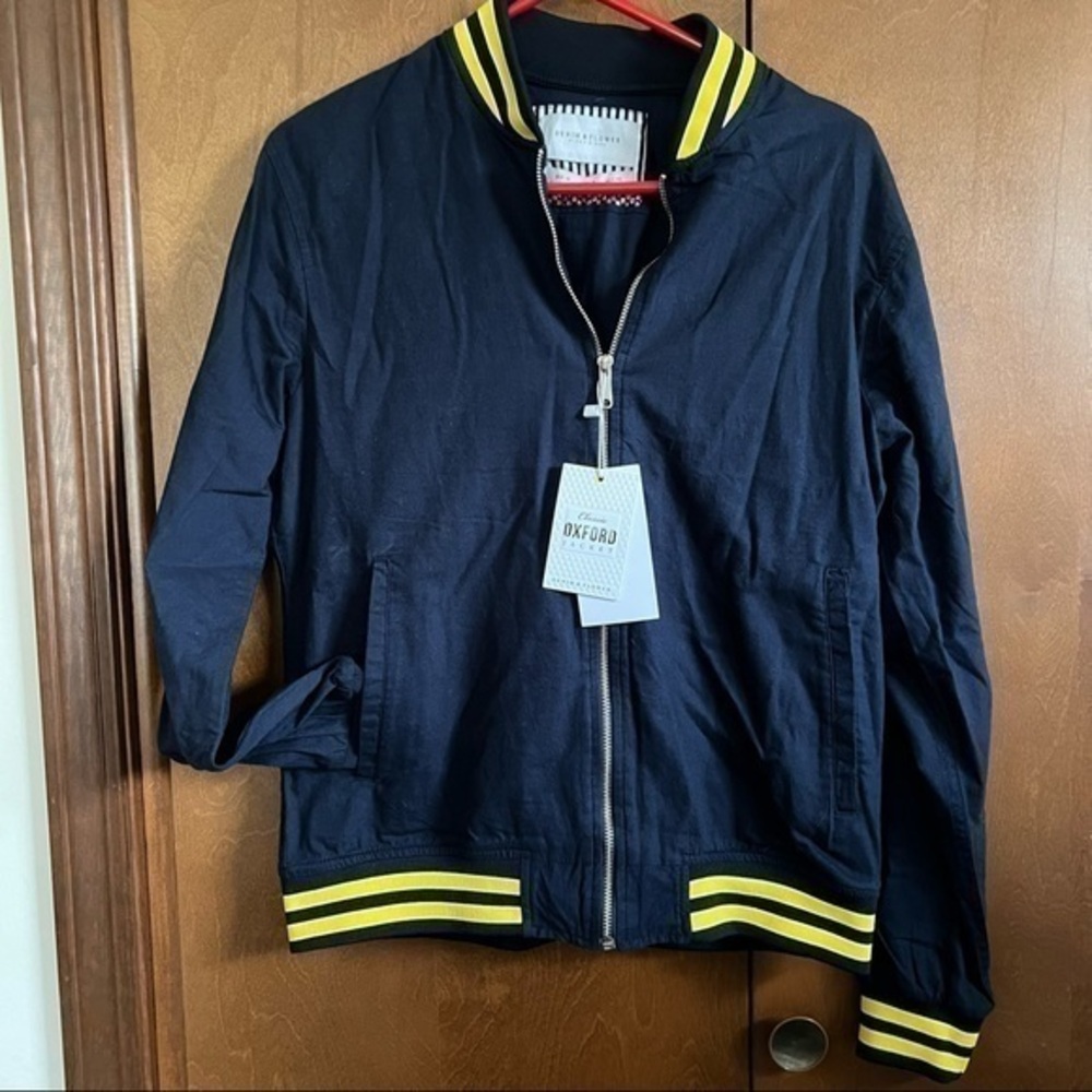 Denim & Flower Oxford Cloth Jacket Navy & Yellow Full Zip NWT Medium (Unisex)